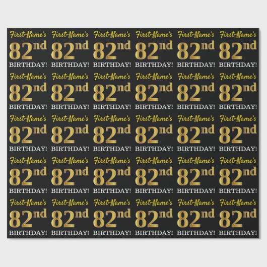 Black, Imitation Gold "82nd BIRTHDAY" Cadeaupapier (Vlak)
