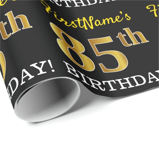 Black, Imitation Gold "85th BIRTHDAY" Cadeaupapier (Rol Hoek)