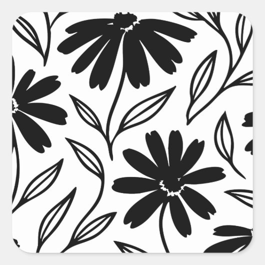 Black Ink Daisies Boho Bruiloftsfeest Vierkante Sticker (Voorkant)