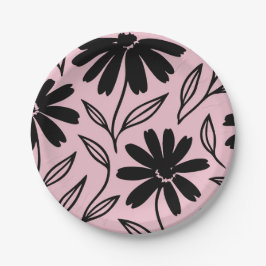Black Ink Daisies Pink Boho Vrijgezellenfeest Papieren Bordje