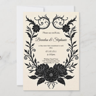 Black Ink Floral Vintage Goth Wedding Kaart
