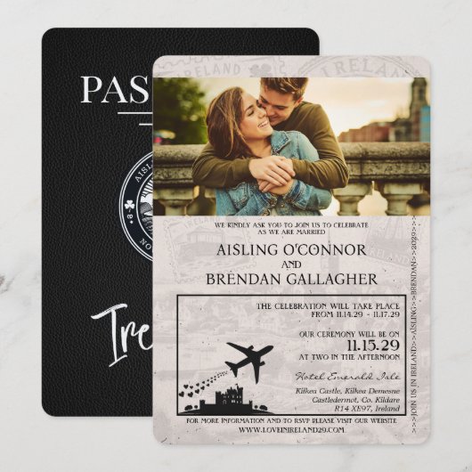 Black Ireland Passport Wedding Invitation Kaart (Voorkant / Achterkant)