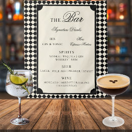 Black Ivory Checks Old Money Wedding Bar Menu Sign Wandkleed
