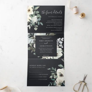 Black Ivory White Floral Waterverf Bunch Drieluik Uitnodiging