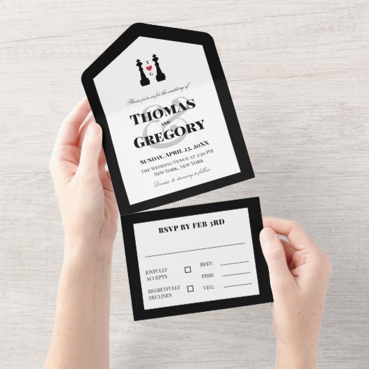 Black King Chess Pineersels Gay Wedding All In One Uitnodiging (Afscheurbaar)