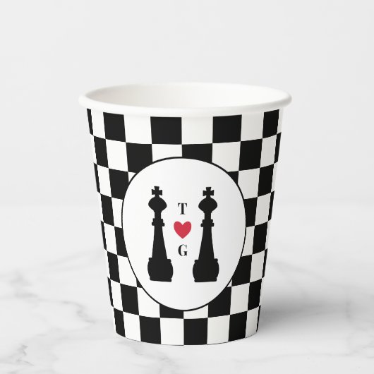 Black King Chess Pineersels Gay Wedding Monogram Papieren Bekers (Voorkant)
