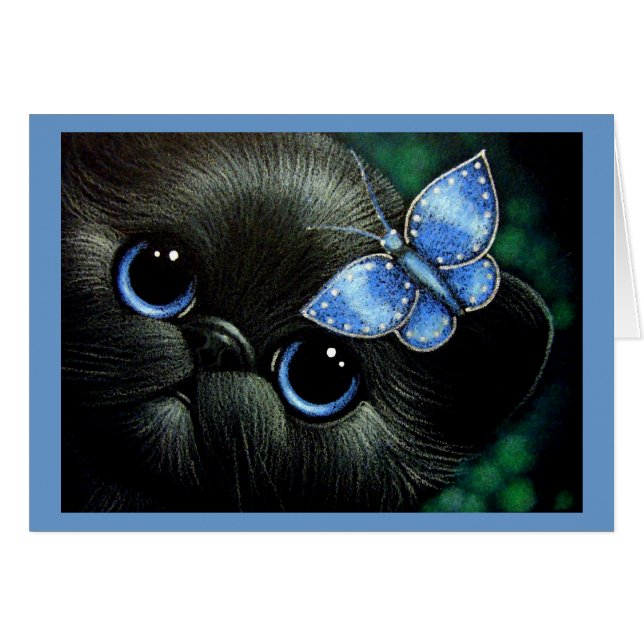 BLACK KITTEN CAT WITH BLUE BUTTERFLY CARD (Devant horizontal)