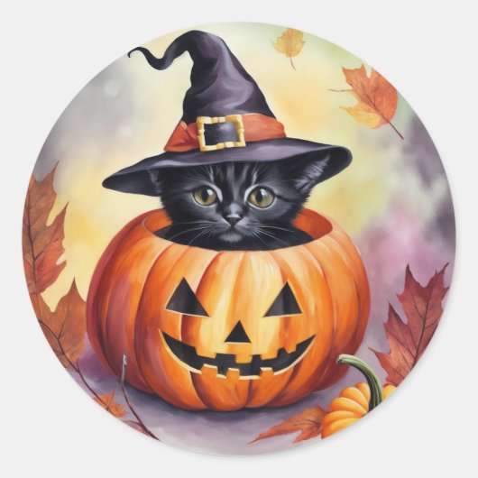 Black Kitten Halloween pompoen heks Pet Ronde Sticker (Voorkant)