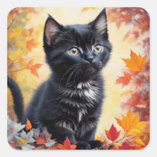 Black Kitten herfstscène platte Kaart Vierkante Sticker