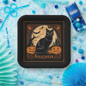 Black Kitty Cat Halloween Papieren Bordje (Feest)