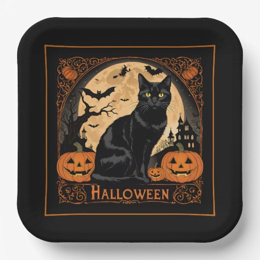 Black Kitty Cat Halloween Papieren Bordje (Voorkant)