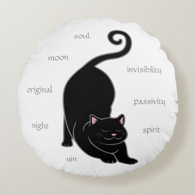 Black Kitty Cat Yoga & Editable Text Round Pillow Rond Kussen (Voorkant)