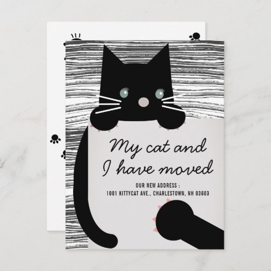 Black Kitty Chat White Moving Faire-part (Devant / Derrière)