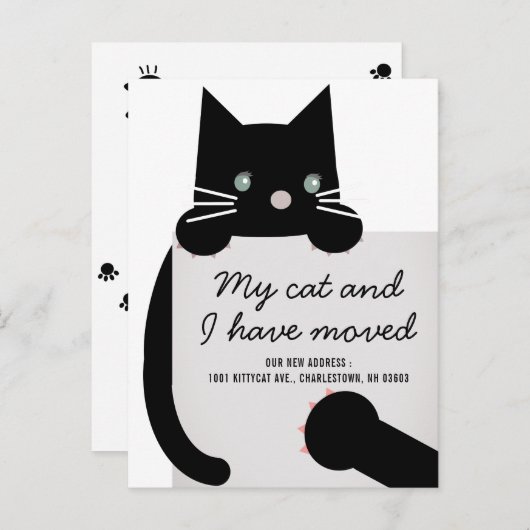 Black Kitty Chat White Moving Faire-part (Devant / Derrière)