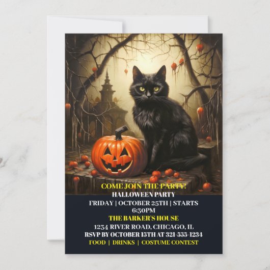 Black Kitty Kat Halloween Bash Uitnodigingen (Voorkant)