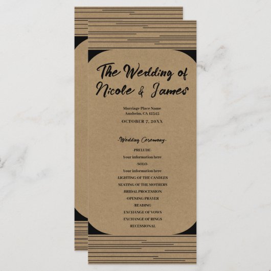 Black Kraft Minimal Moderne Lijnen Trouwprogramma Programma (Voorkant / Achterkant)