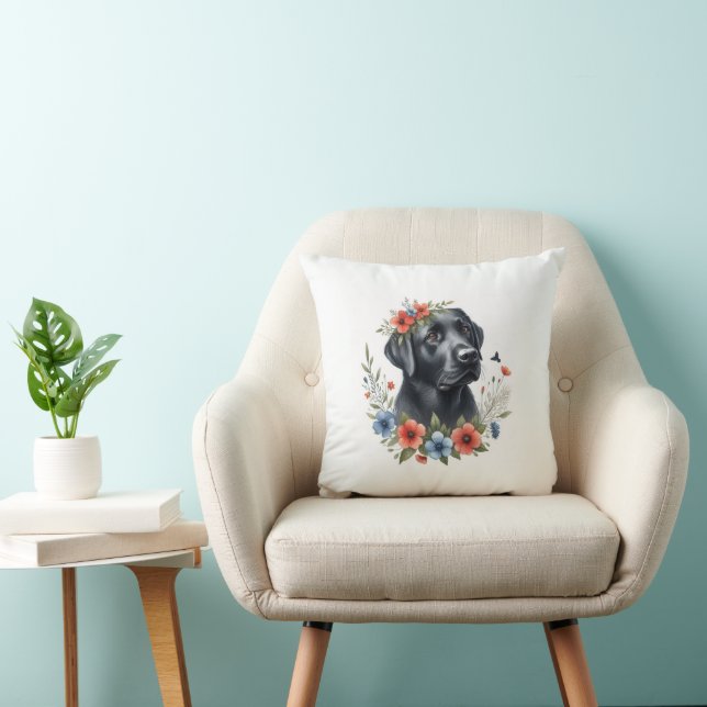Black Lab Floral Kussen (Stoel)