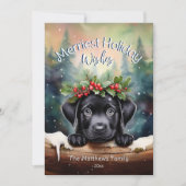 Black Lab Puppy in het winterbos Kerstwensen Feestdagenkaart (Voorkant)