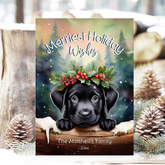 Black Lab Puppy in het winterbos Kerstwensen Feestdagenkaart