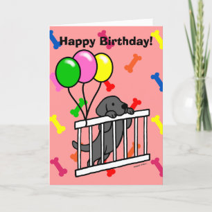 Black Lab Puppy & Puppy Gate 1 Cartoon Birthday Kaart