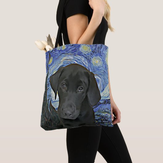 Black Lab Puppy Sterrennacht Van Gogh geïnspireerd Draagtas (Dichtbij)