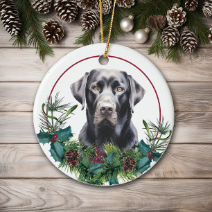 Black Lab Retriever Evergreen Berry Krans Keramisch Ornament