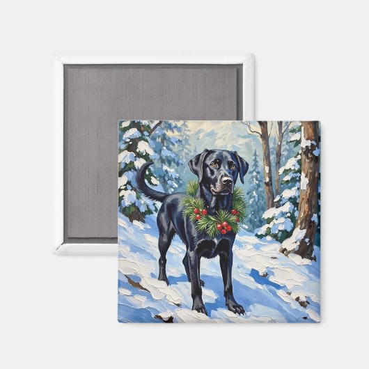 Black Lab Serene Winter Forest Christmas Holiday Magneet (Voorkant / Achterkant)