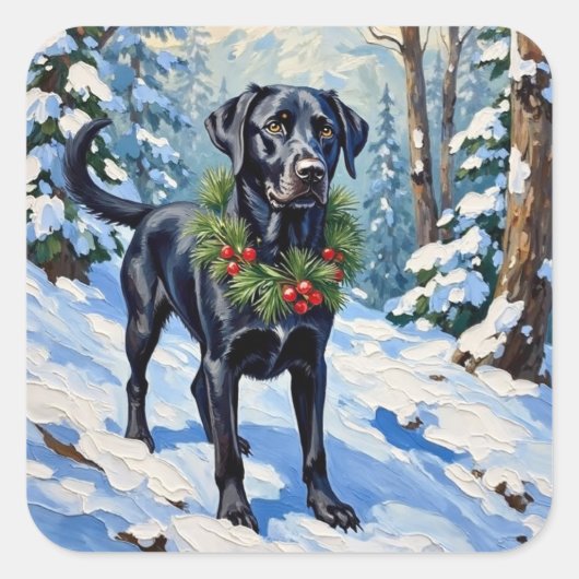 Black Lab Serene Winter Forest Christmas Holiday Vierkante Sticker (Voorkant)