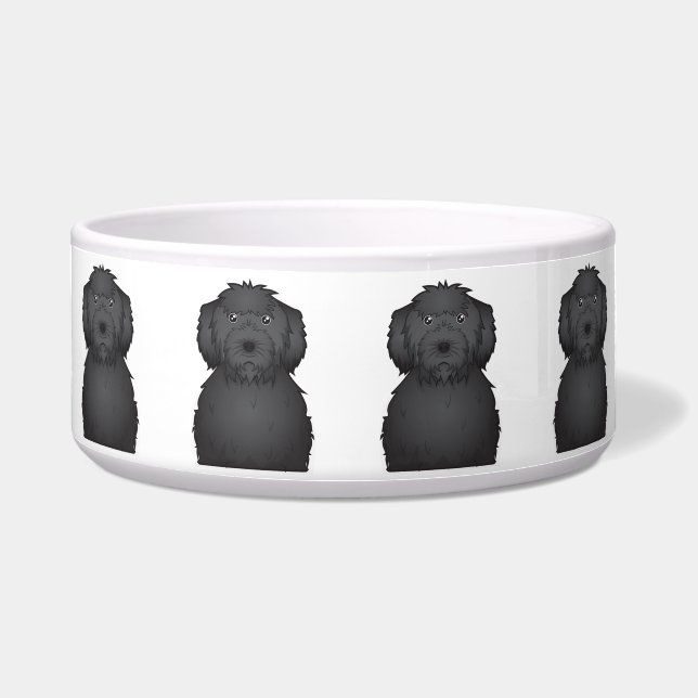 Black Labradoodle Cartoon Voerbakje (Voorkant)