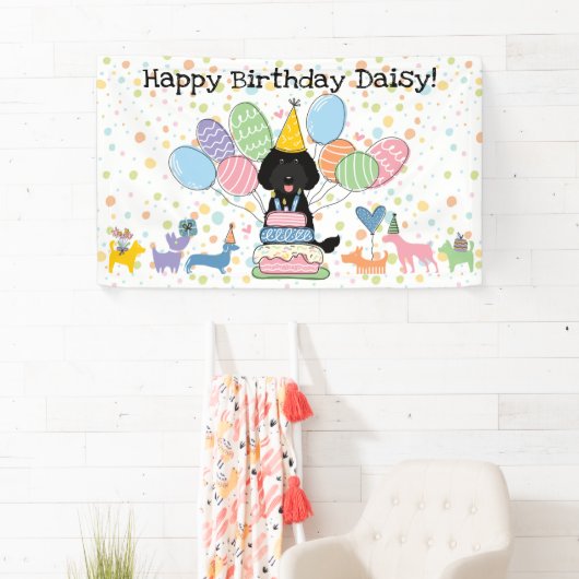 Black Labradoodle Hond Verjaardagsfeestje Spandoek (Insitu)
