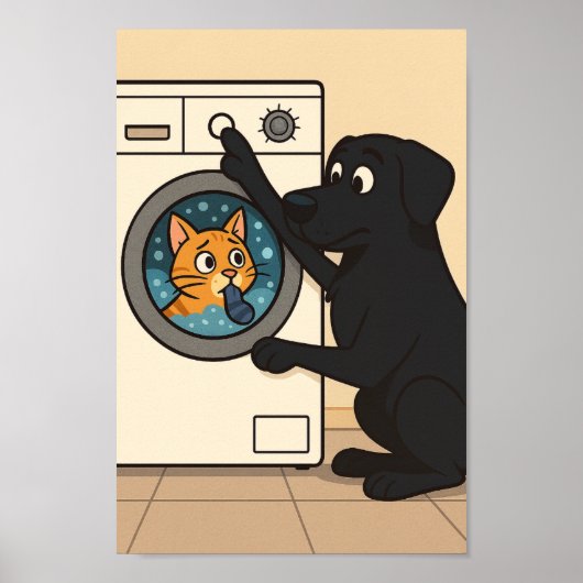 Black Labrador and Cat Laundry Room Humor Poster  (Voorkant)