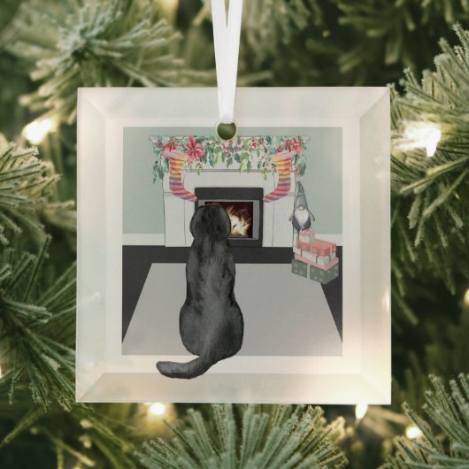 Black Labrador Dog kerstFireplace Scene Glas Ornament (Insitu)