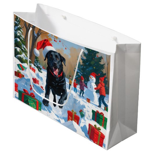 Black Labrador Kerstfeest Sneeuwscène Groot Cadeauzakje (Voorkant Gekanteld)