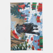 Black Labrador Kerstfeest Sneeuwscène Theedoek (Verticaal)