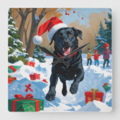 Black Labrador Kerstfeest Sneeuwscène Vierkante Klok (Voorkant)
