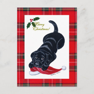 Black Labrador Puppy & Santa Hat Kerstmis Feestdagenkaart