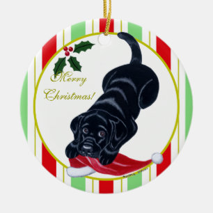 Black Labrador Puppy & Santa Hat Kerstmis Keramisch Ornament