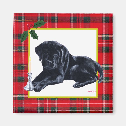 Black Labrador Puppy & Santa Hat Kerstmis Magneet (Voorkant)