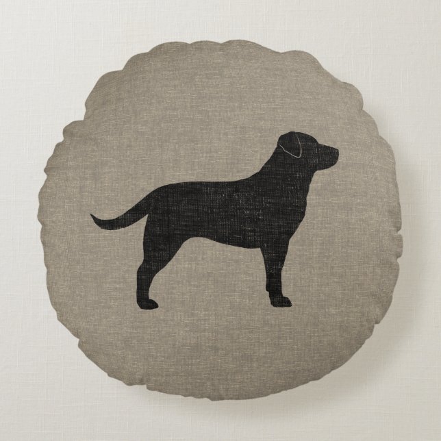 Black Labrador Silhouette | Faux Linen Style Rond Kussen (Voorkant)