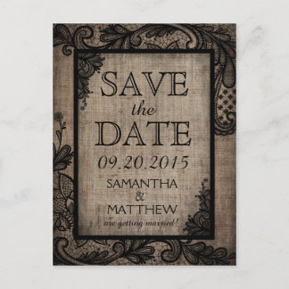 Black Lace Burlap Modern Gothic Save the Date Aankondigingskaart