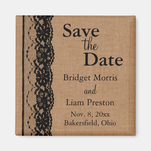 Black Lace & Burlap Save the Date Magneet (Voorkant)