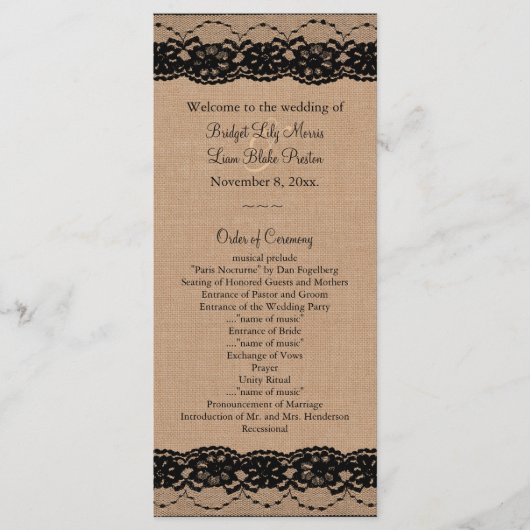 Black Lace en Burlap Wedding Programme Programma (Voorkant)