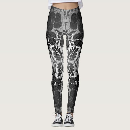 Black Lace-look Over White Feminine Alluring Leggi Leggings (Voorkant)