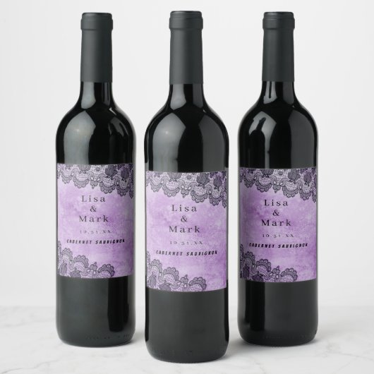 Black Lace Paars Gothic Wedding Wine Labels Wijn Etiket (Flessen)
