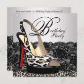 Black Lace Red Leopard verjaardagsfeestje uitnodig Kaart (Voorkant / Achterkant)