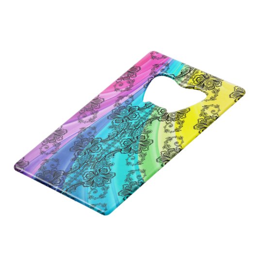 Black Lace Swirling Pastel Rainbow Kredietkaart Flessenopener (Voorkant Gekanteld)