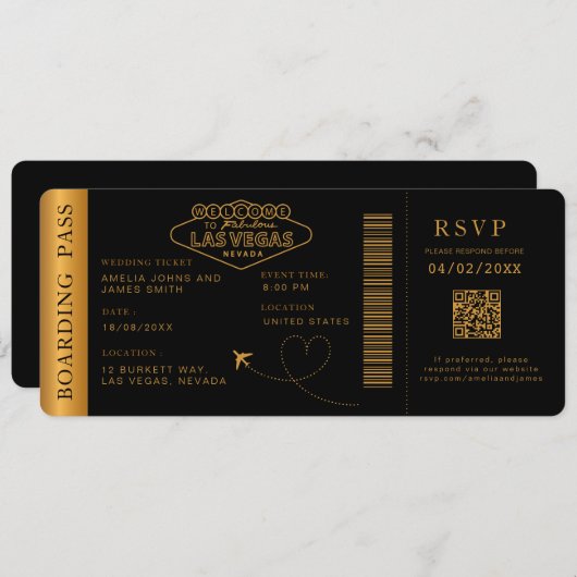 Black Las Vegas Boarding Pass Bestemming bruiloft Kaart (Voorkant / Achterkant)