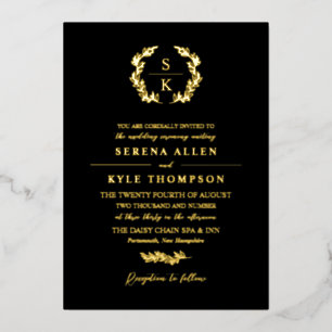 Black Laurel Wreath Monogram Typografie Bruiloft Folie Uitnodiging