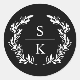 Black Laurel Wreath Monogram Wedding Seal Ronde Sticker