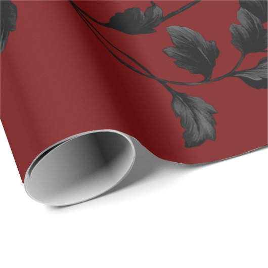 Black Leaf Floral Vine Pattern op Crimson Red Cadeaupapier (Rol Hoek)